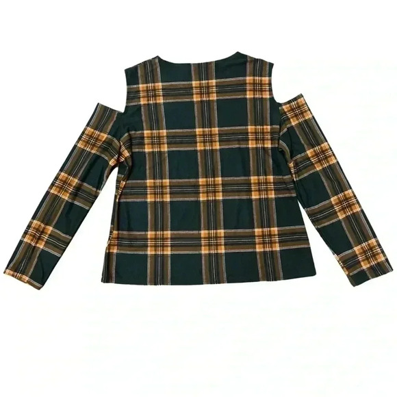 2/$12 HKR Collections Top Size XL Cold Shoulder Black & Rust Plaid Boutique Fall - Picture 2 of 14